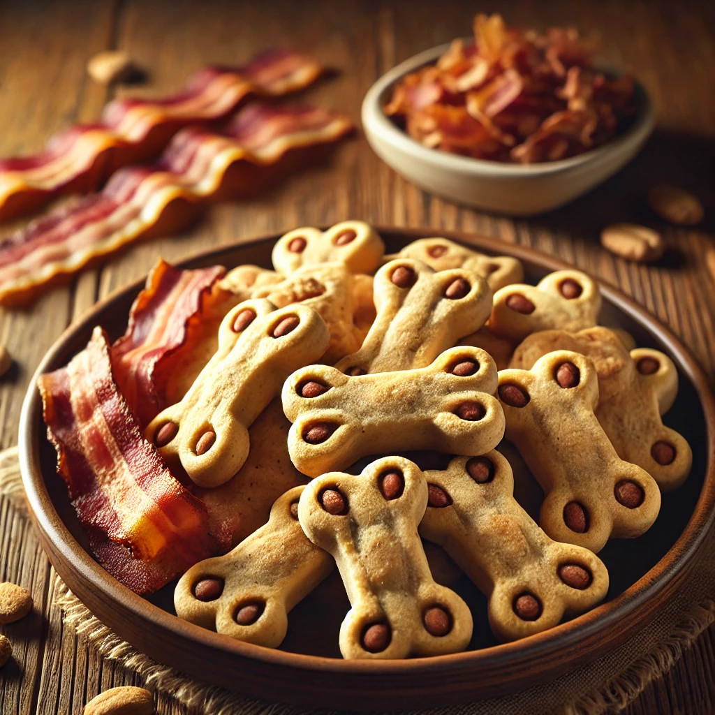 Egy tányér csont alakú, bacon darabokkal díszített kutyakeksz látható, mellette ropogós szalonnaszeletek és egy tálban sült baconmorzsa.