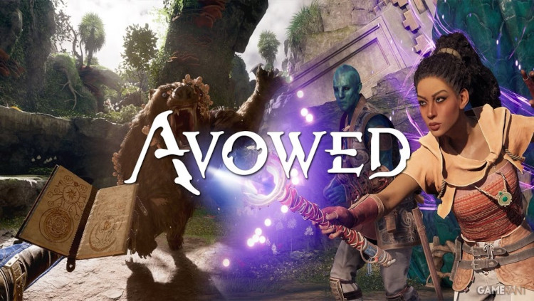 Az Avowed fantasy szerepjáték promóciós képe, amelyen egy mágikus pálcával támadó karakter, egy kék bőrű harcos és egy varázskönyvet használó varázsló látható egy medveszerű szörny ellen harcolva.