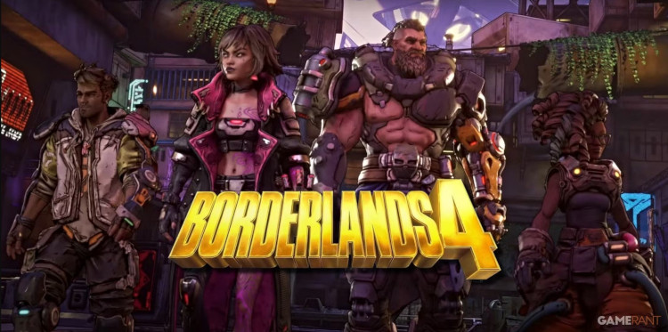 A Borderlands 4 videojáték promóciós képe, amelyen négy karakter – egy zsivány, egy technikai harcos, egy páncélos óriás és egy tech-mágus nő – áll futurisztikus városi környezetben, a játék logójával az előtérben.