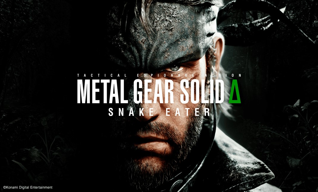 A Metal Gear Solid Δ: Snake Eater videojáték hivatalos borítóképe, amelyen a legendás Snake karakter arca látható közelről sötét, erdei háttérrel.