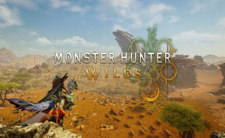 A Monster Hunter Wilds videojáték hivatalos borítóképe, amelyen egy lovas karakter néz egy szavannaszerű tájat, háttérben a játék logójával.