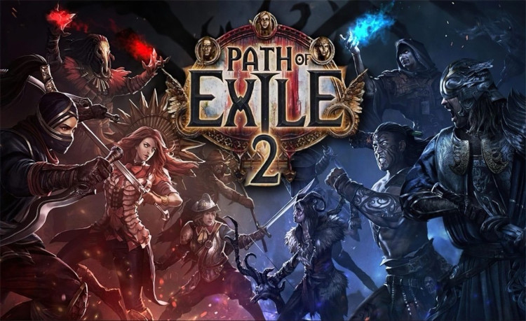 A Path of Exile 2 hivatalos borítóképe, amelyen a játék különböző karakterosztályai állnak egymással szemben, készen a harcra, középen a játék logójával.