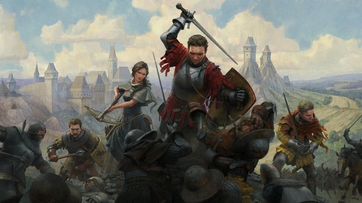 Jelenet a Kingdom Come: Deliverance videojátékból, ahol középkori harcosok csatáznak egy vár közelében