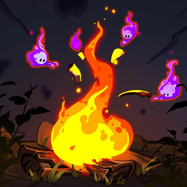 Spirits gathering around a bonfire, watching forms burn