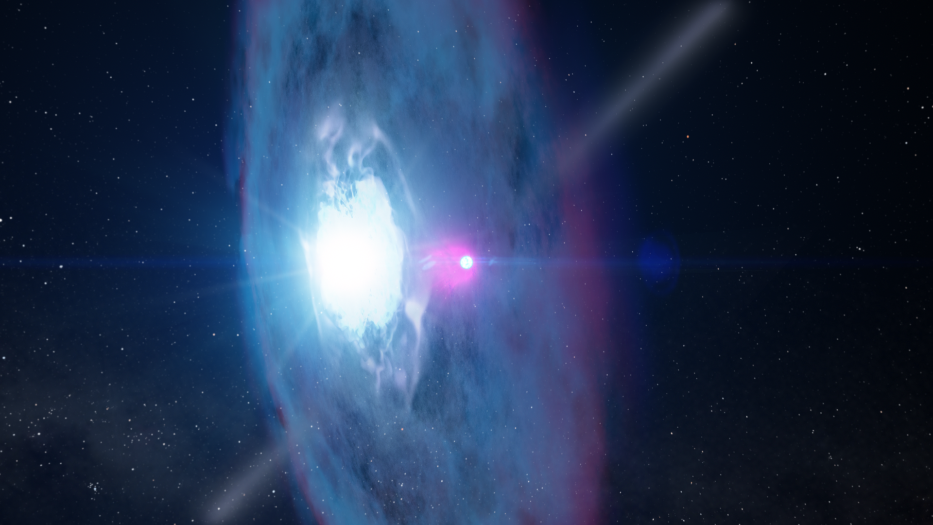 Visualization of a binary pulsar system where a pulsar orbits with another star, showing gravitational interactions and how the two celestial bodies affect each other's orbits