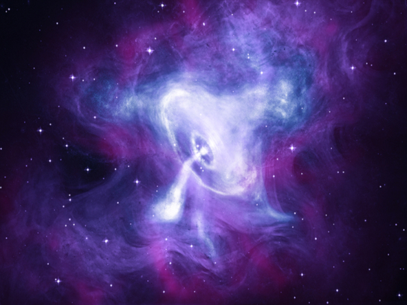 AI-generated image of the Crab Pulsar situated in the center of the Crab Nebula, emitting bluish pulsating radiation with surrounding nebula gases in purple and blue hues