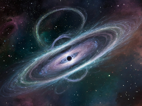 AI-generated rendering of the Geminga Pulsar, an isolated neutron star with green-blue radiation beams emanating from its poles against a starry background