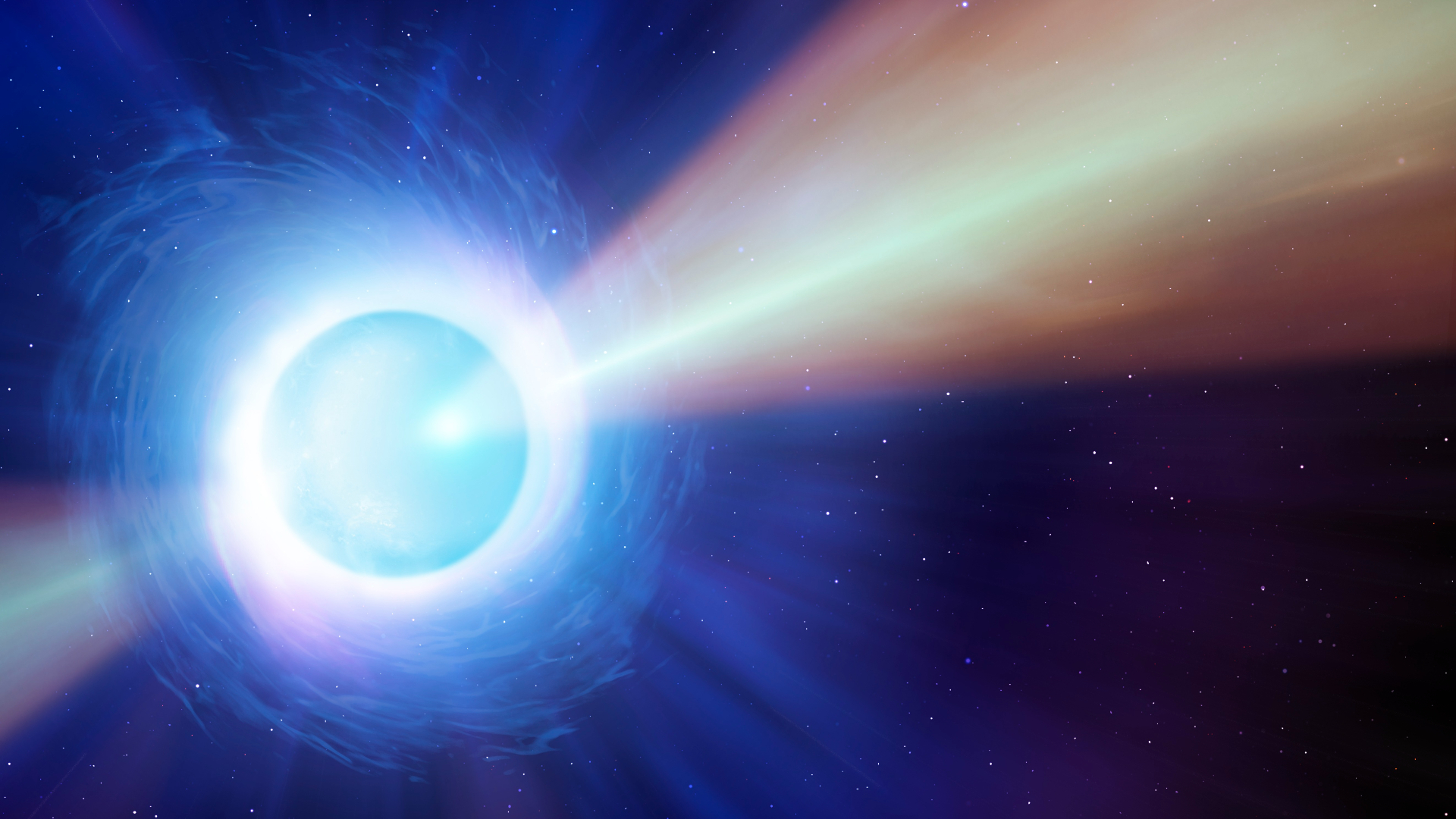 Artistic representation of a typical pulsar, a rapidly rotating neutron star emitting beams of electromagnetic radiation from its magnetic poles