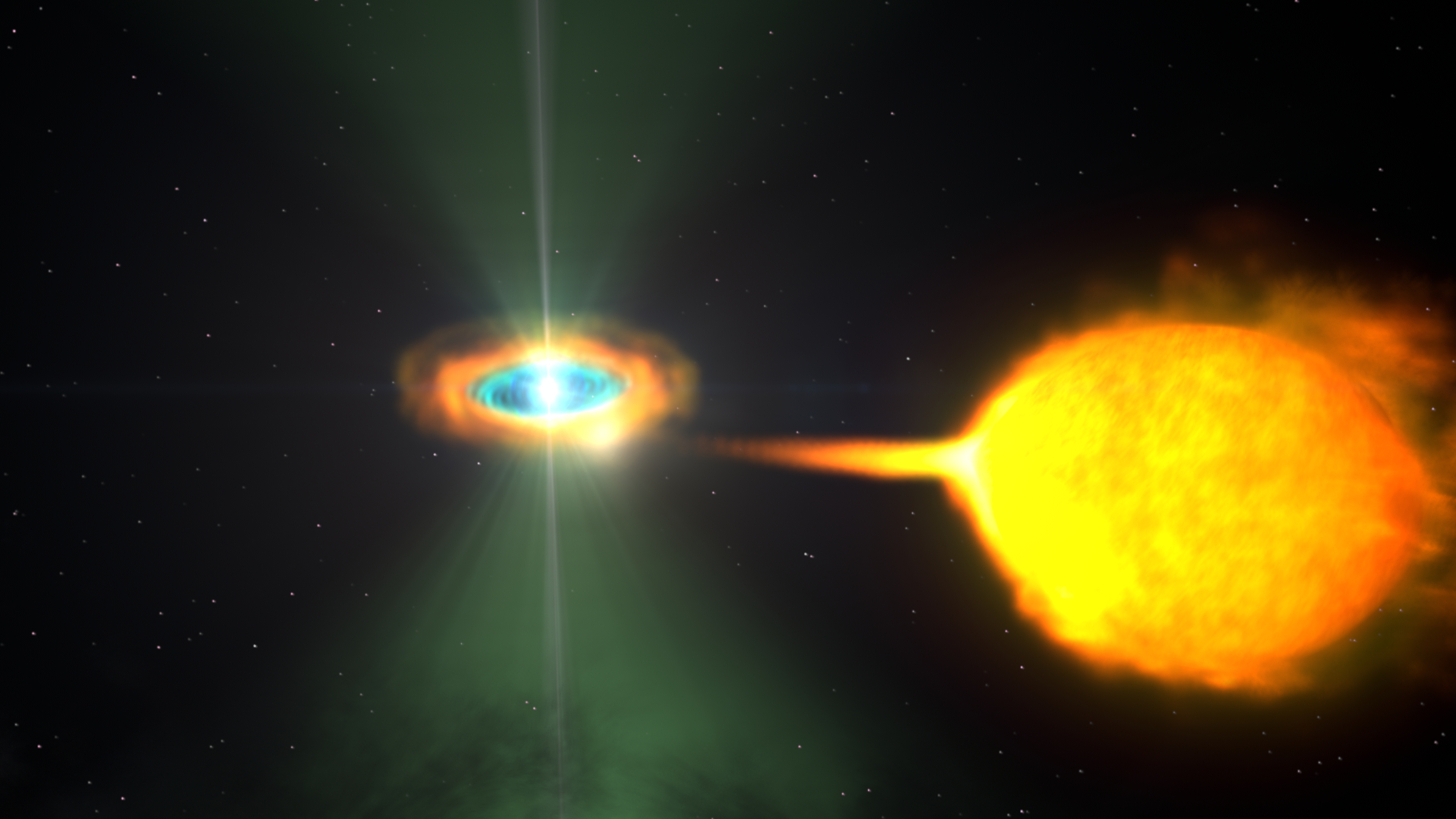 Illustration of a transformer pulsar with changing emission patterns, showing how the pulsar's radiation beams transform and shift as it rotates