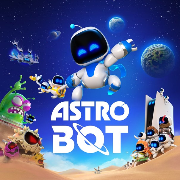 Astro Bot flying through space with enemies and allies on a desert planet
