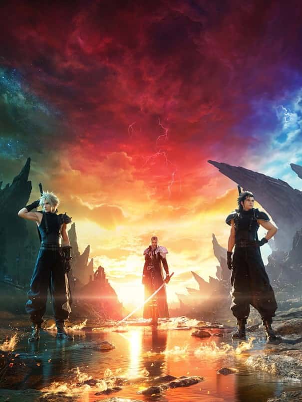 Cloud and companions walking toward a fiery sky in Final Fantasy VII Rebirth