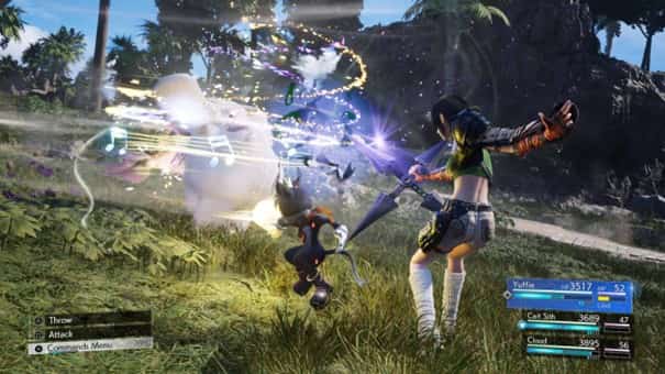 Yuffie and Cait Sith perform a musical special attack in a grassy battlefield during combat in Final Fantasy VII Rebirth