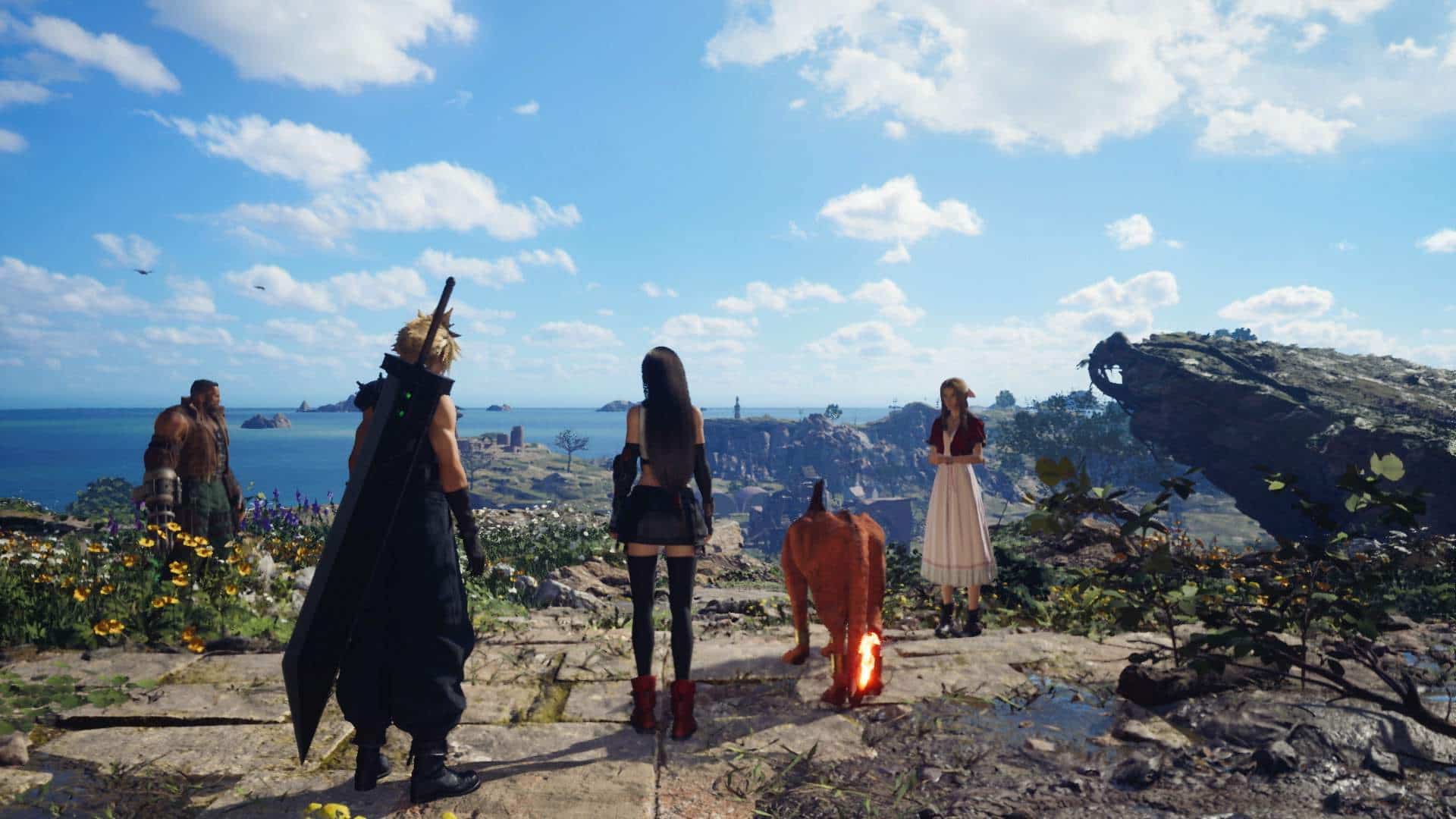 Cloud, Tifa, Barret, Aerith and Red XIII look over a scenic coastal valley in Final Fantasy VII Rebirth