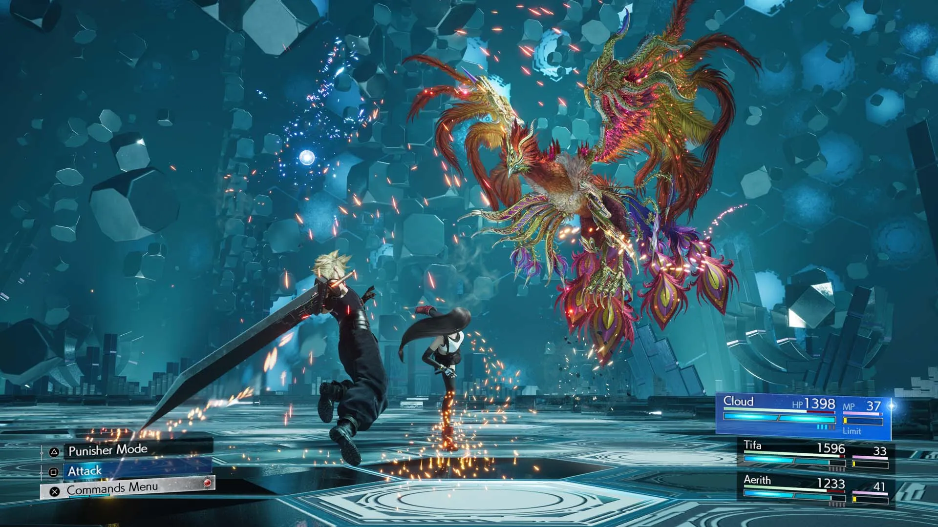 Cloud and Tifa fight the fiery summon Phoenix in a digital arena filled with geometric shapes in Final Fantasy VII Rebirth