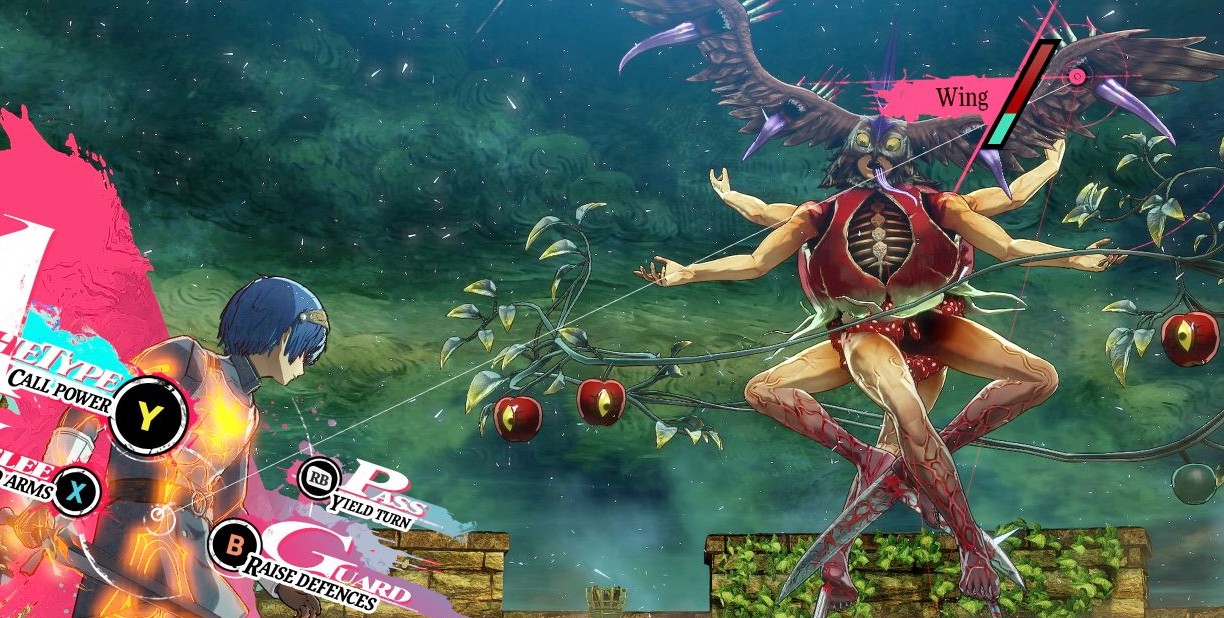 Battle interface in Metaphor: ReFantazio showing command wheel and target selection against a winged enemy