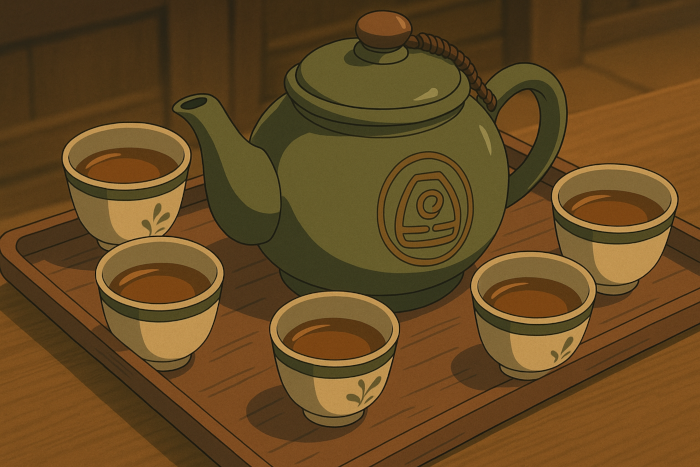 A teapot surrounded by cups of tea