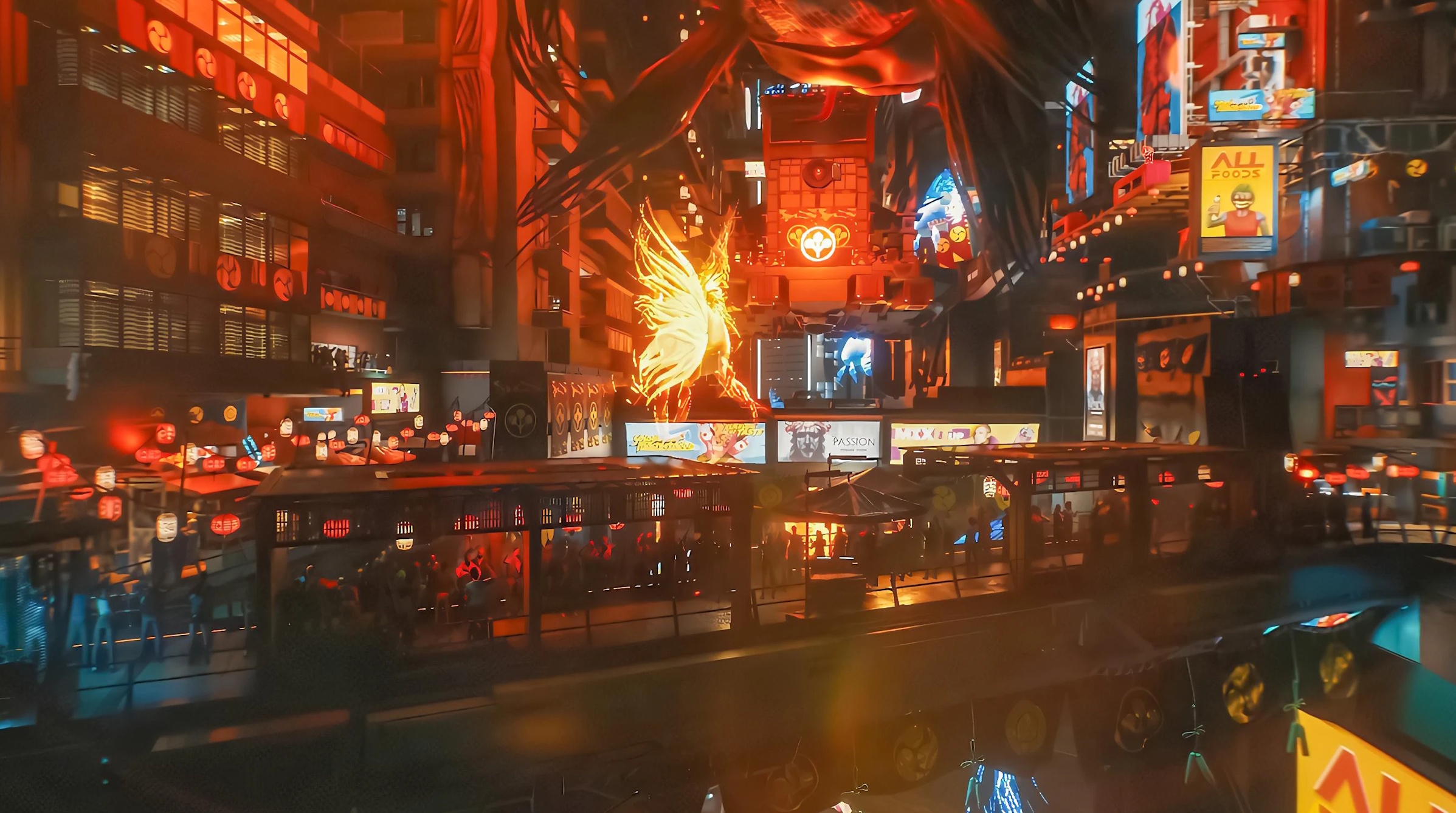 Fényárban úszó cyberpunk-stílusú városi piac, kínai díszítésekkel, neonreklámokkal és egy narancssárga hal hologrammal.