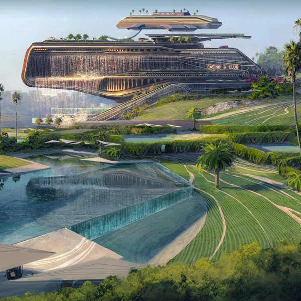 Egy futurisztikus luxusvilla, amely modern, ívelt formákkal és hatalmas üvegfelületekkel rendelkezik. Az épületből vízesés zúdul alá, körülötte gondozott zöld pázsit, pálmafák és egy nagy, lépcsőzetes medence található.