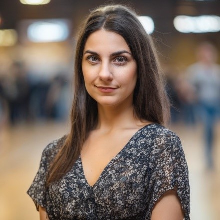 Vedő Anita, női röplabdaedző, mosolyogva áll egy sportcsarnokban.
