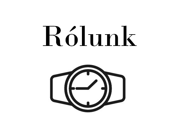 A képen egy vektorgrafikus ábra látható egy karóráról, fölötte a Rólunk felirattal.