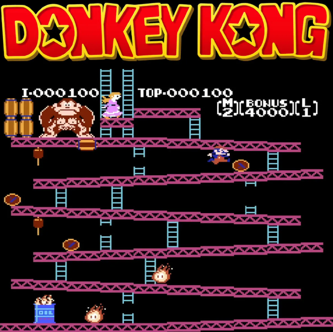A kép tetején a Donkey kong logó látható, alatta pedig maga az ikonikus gorilla karakter, ahogyan hordókat dobál le egy fémgerenda szerkezetről.