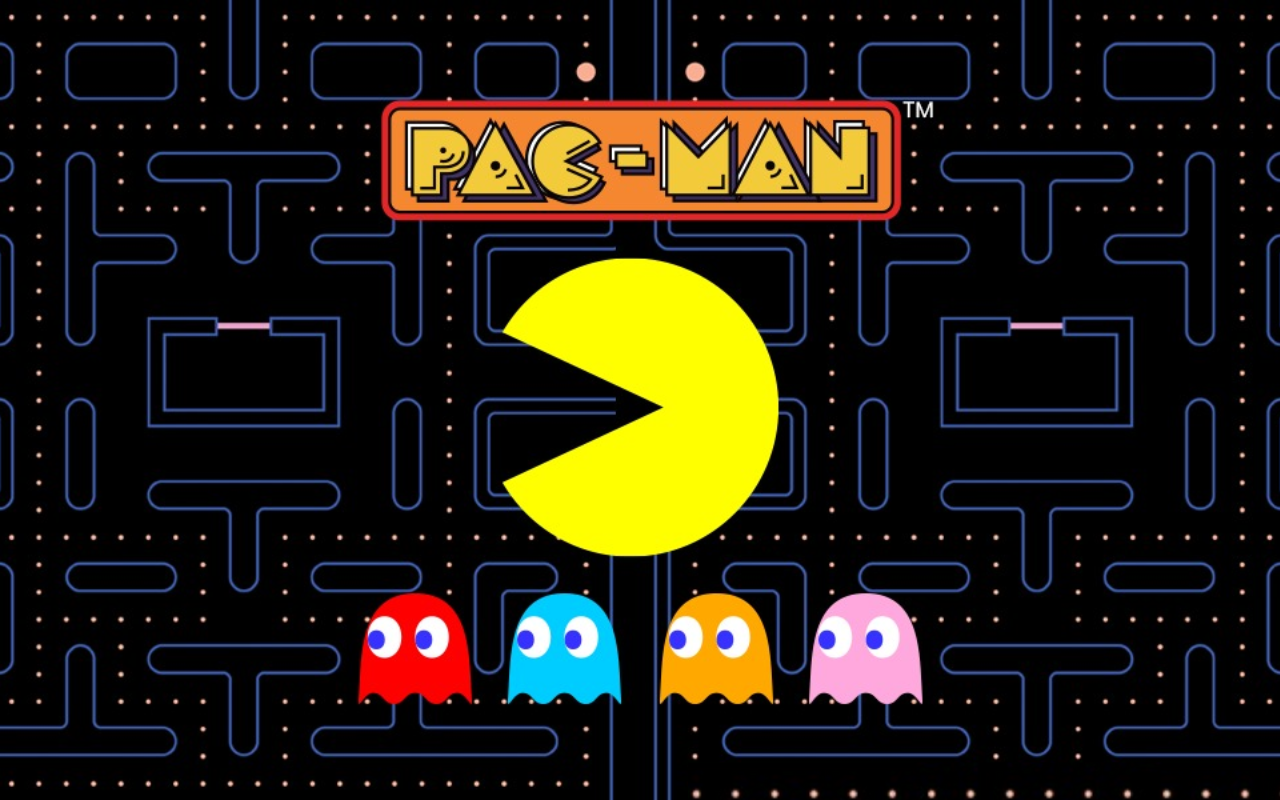 A képen pac-man egy teli sárga kör, akiből hiányzik egy körcikk és alatta 4 szellem látható, akik rendre piros ciánkék, narancssárga és lila színűek, felette pedig a pac-man logó.