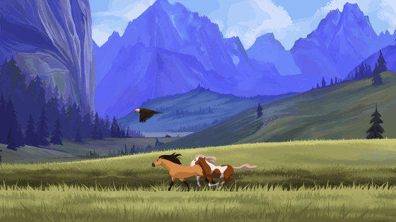 A Kiger mustang stallion and a Sorrel overo paint mare are galloping through grassfields. A Northern American mountainscape is seen behind them, while a bald eagle soars over them.