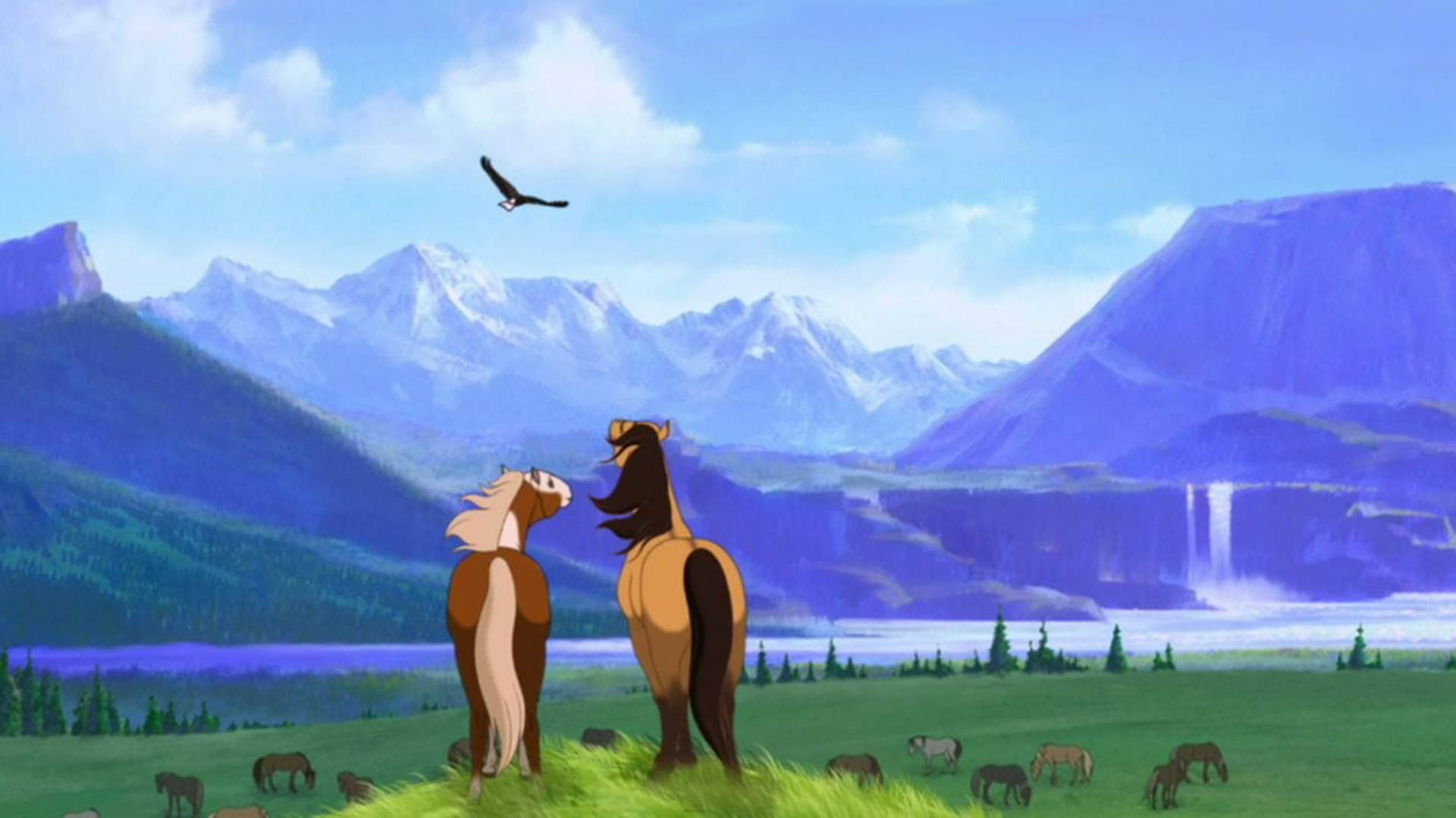 A Kiger mustang stallion and a Sorrel overo paint mare stand atop a grassy hill. A mountainscape is seen behind them, while a bald eagle soars over them. A stud of horses is eating grass under the hill.