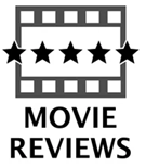 Movie Reviews icon [ 5 stars are on top of a piece of film, with Movie Reviews written below in capital letters. ]