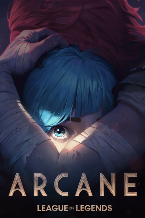 Arcane: League of Legends plakát egy kék hajú lány karakterrel, aki bekötözött karok felett néz fel.
