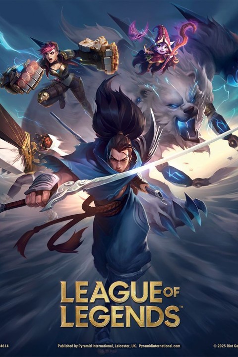 League of Legends poszter: Yasuo, Vi, Zilean és Volibear; fantasy játék karakterek dinamikus pózokban.