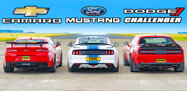 One Dodge, one Chevrolet, and one Ford Mustang - the three muscle cars