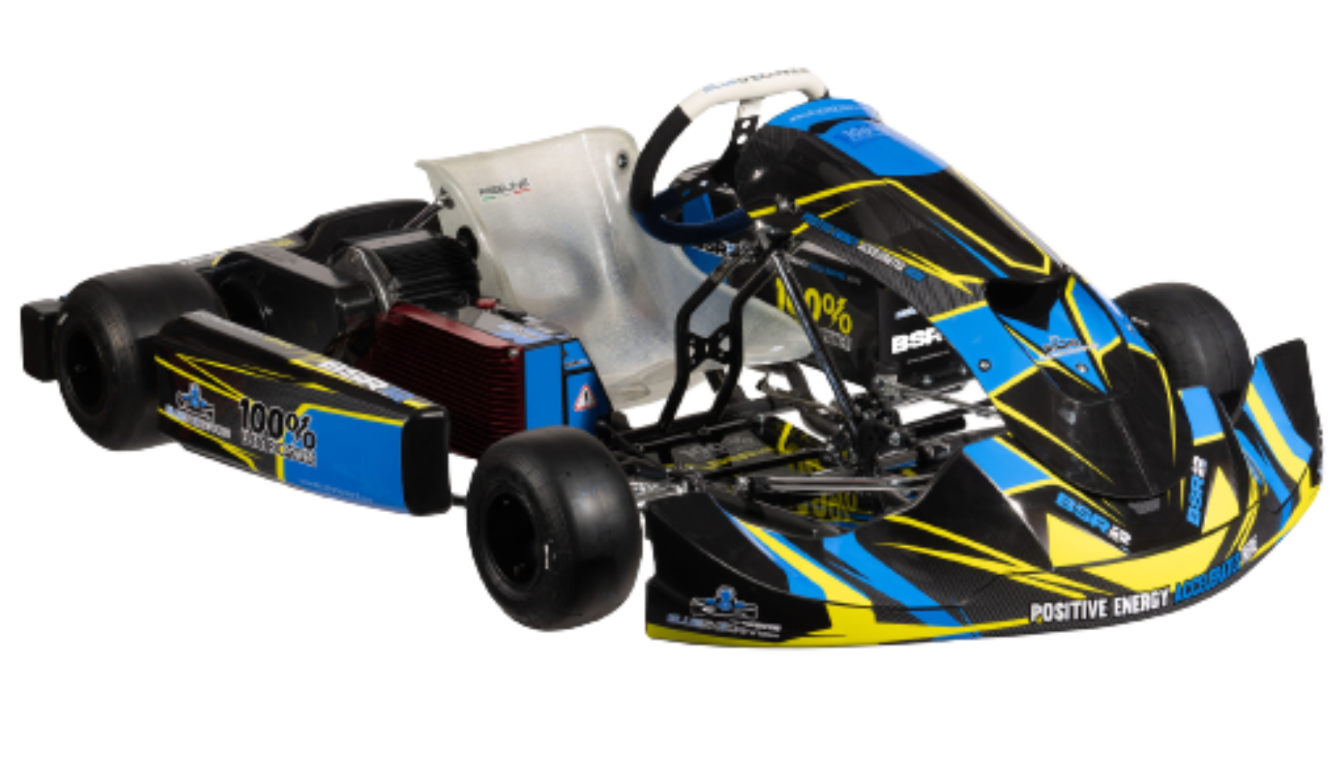Kék-és sárga színű, modern verseny gokart oldalról fotózva