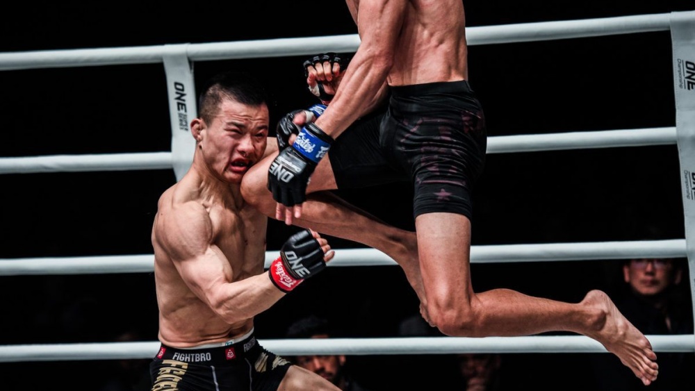 A fighter connects with a flying knee, leaving his opponent disoriented.