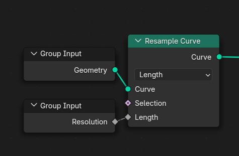 A Geometry Nodes setup using a Group Input with the default Geometry and a created Resolution parameter we connect each to the corresponding input on a Resample Curve node