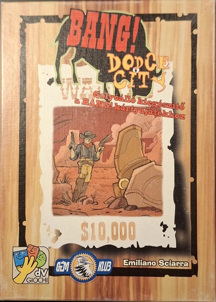 A képen a BANG! társasjáték Dodge City kiegészítőjének doboza látható felülnézetből.