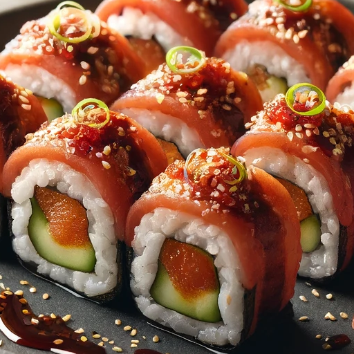 A képen 9 darab csipős tonhal sushi látható egy fekete tányéron, szezámmaggal hintve, alattuk szójaszósz. A tanyéron még gyömbér található, a hattérben pedig wasabi és szójaszósz is van külön-külön edényben.