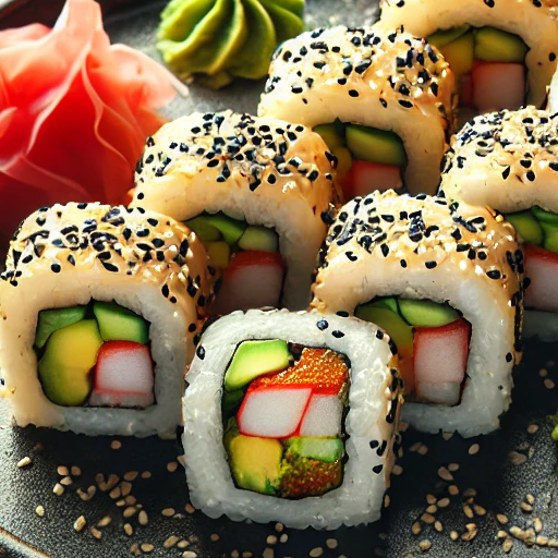 A képen 6 darab színes kalifornia sushi látható egy tányéron, mellettük gyömbér és wasabi is található. A tanyér mellett két evőpálcika is látszódik. A hattérben több edényben szójaszósz is található.