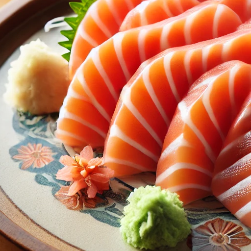 A képen 10 darab lazac sashimi látható egy díszes tányéron, mellette szójaszósz egy kis edényben, gyömbér és wasabi található.