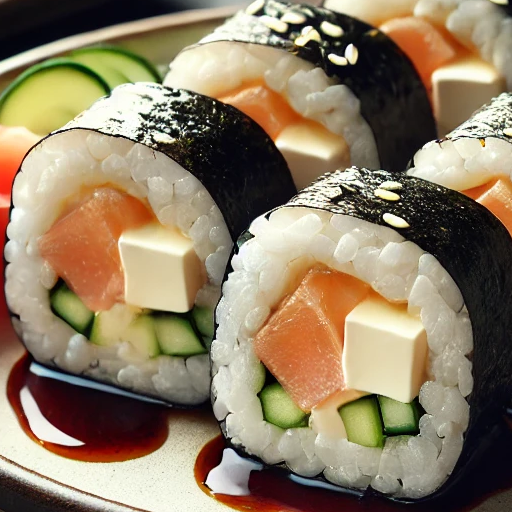 A képen 6 darab philadelphia sushi látható egy kis tányéron, alattuk szójaszósz, melettük gyömbér és wasabi. A tányértől jobbra két darab evőpálcika is látható. A háttérben látható még szójaszósz kis edényekben, valamint más fajta sushi is.