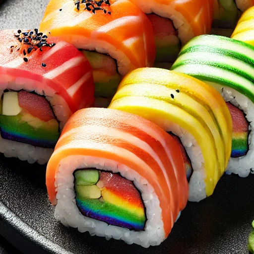 A képen 12 darab különböző színű szivarvány sushi látható, néhány teteje valamilyen maggal meg van szórva. Mellettük 2 darab lazac sashimi látható, mindezek egy nagyobb tányéron tálalva. A tányéron még található wasabi és gyömbér is. A hattérben két darab evőpálcika és egy kis edényben szójaszósz látható.