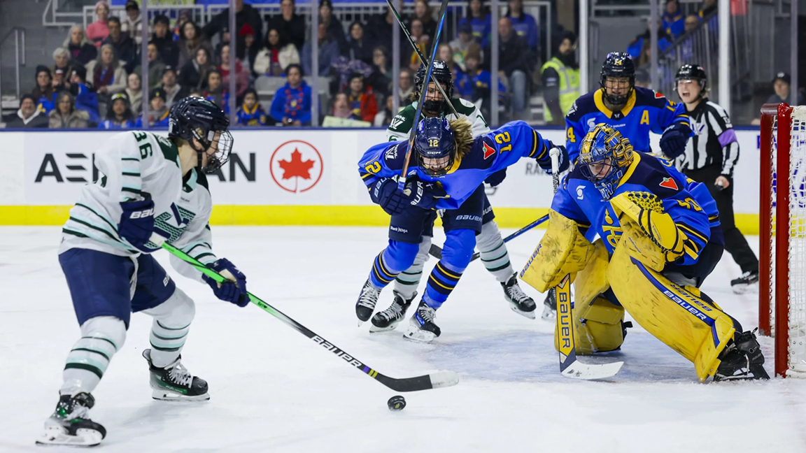 A moment of a Boston Toronto game. Boston attacking Torontos's net.