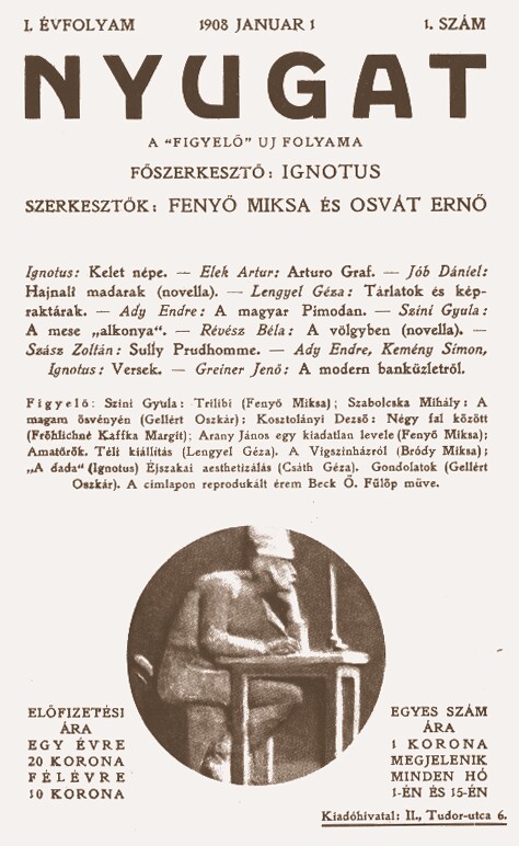 A Nyugat első számának a borítója a főszerkesztő és a szerkesztők nevével. Szerepel a képen a számban megjelent alkotók neve is.