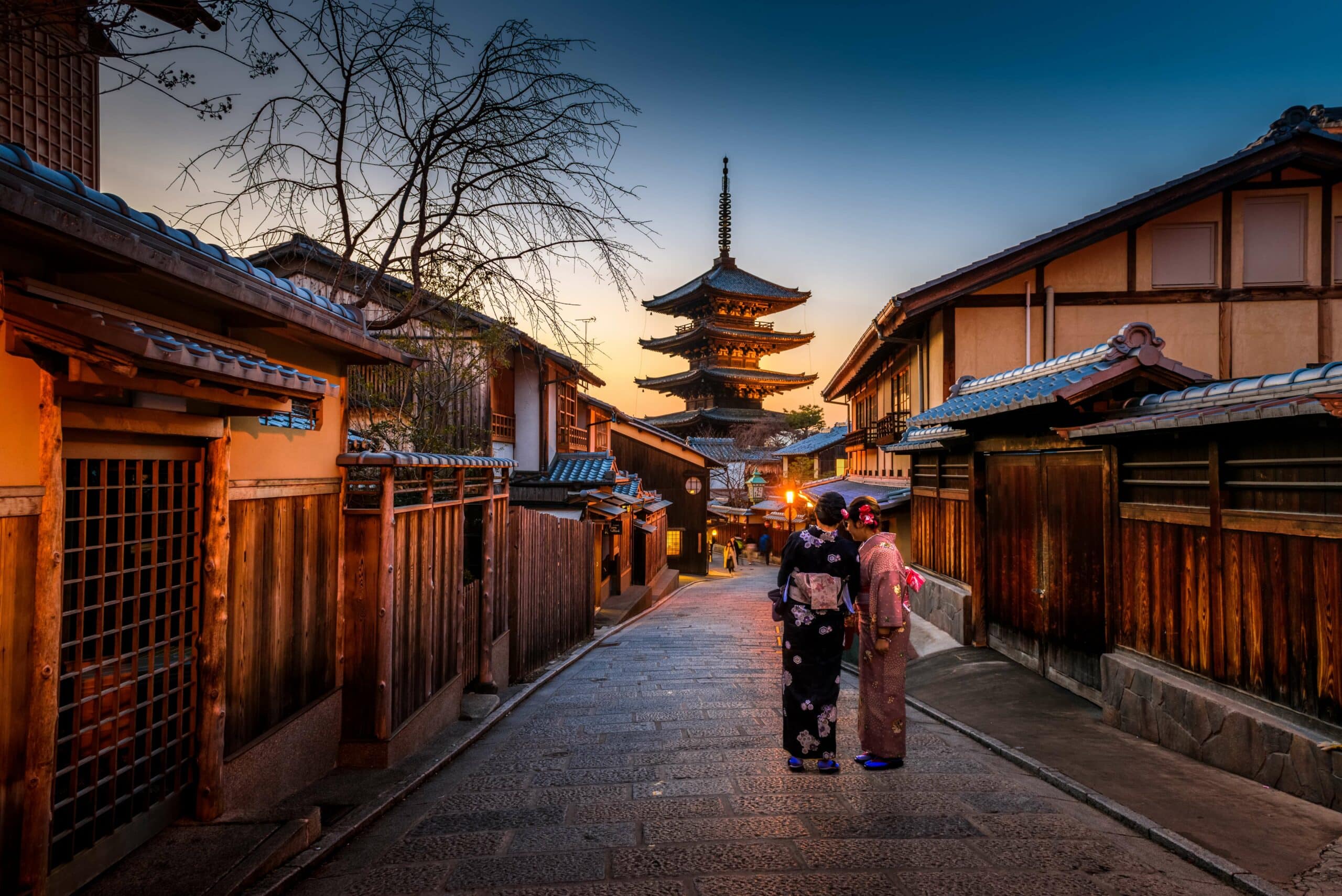 Sunset on a street in Kyoto, Japan