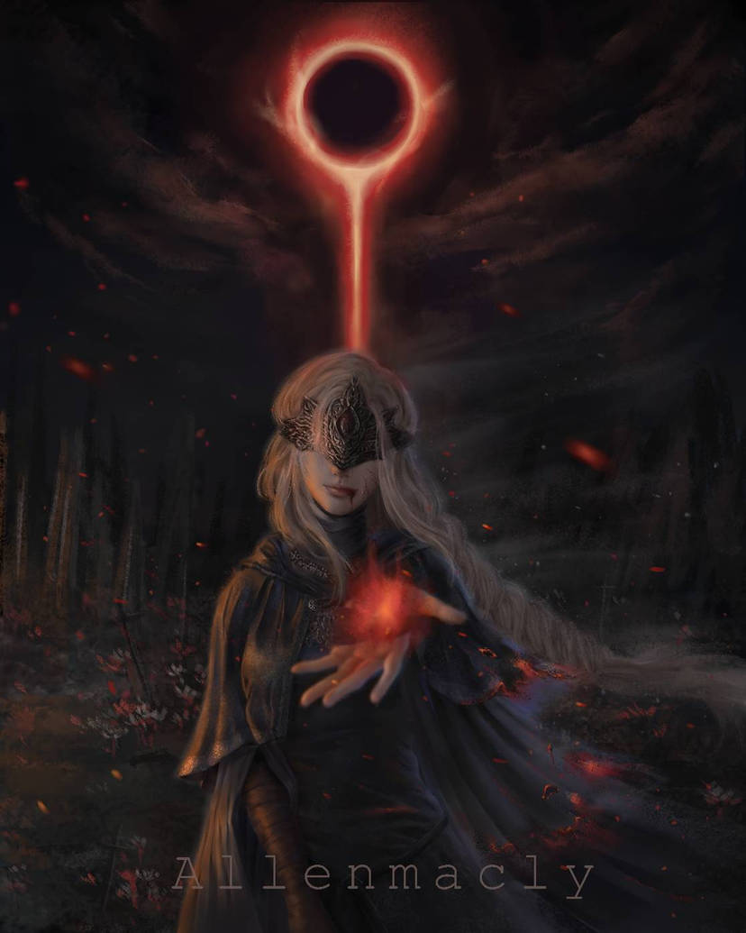 Firekeeper from Dark Souls 3 with the eclipse and the pillar of flame in the back