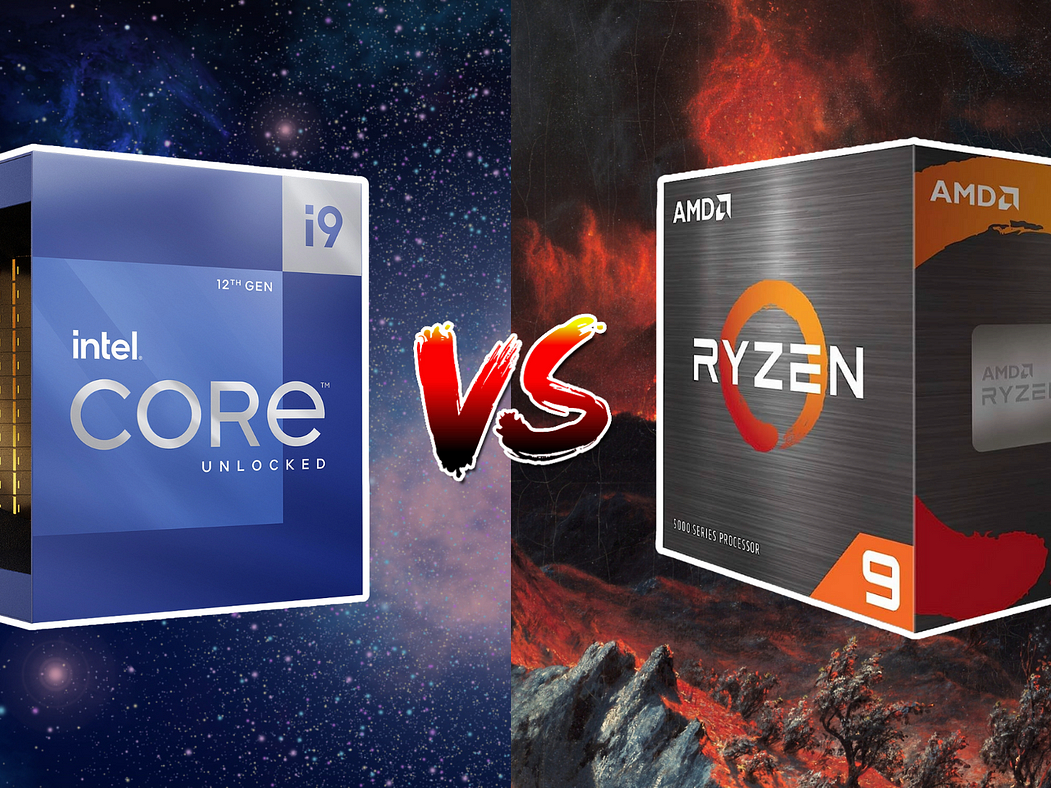 Intel vs AMD, the picture shows two cpus, with flames between them