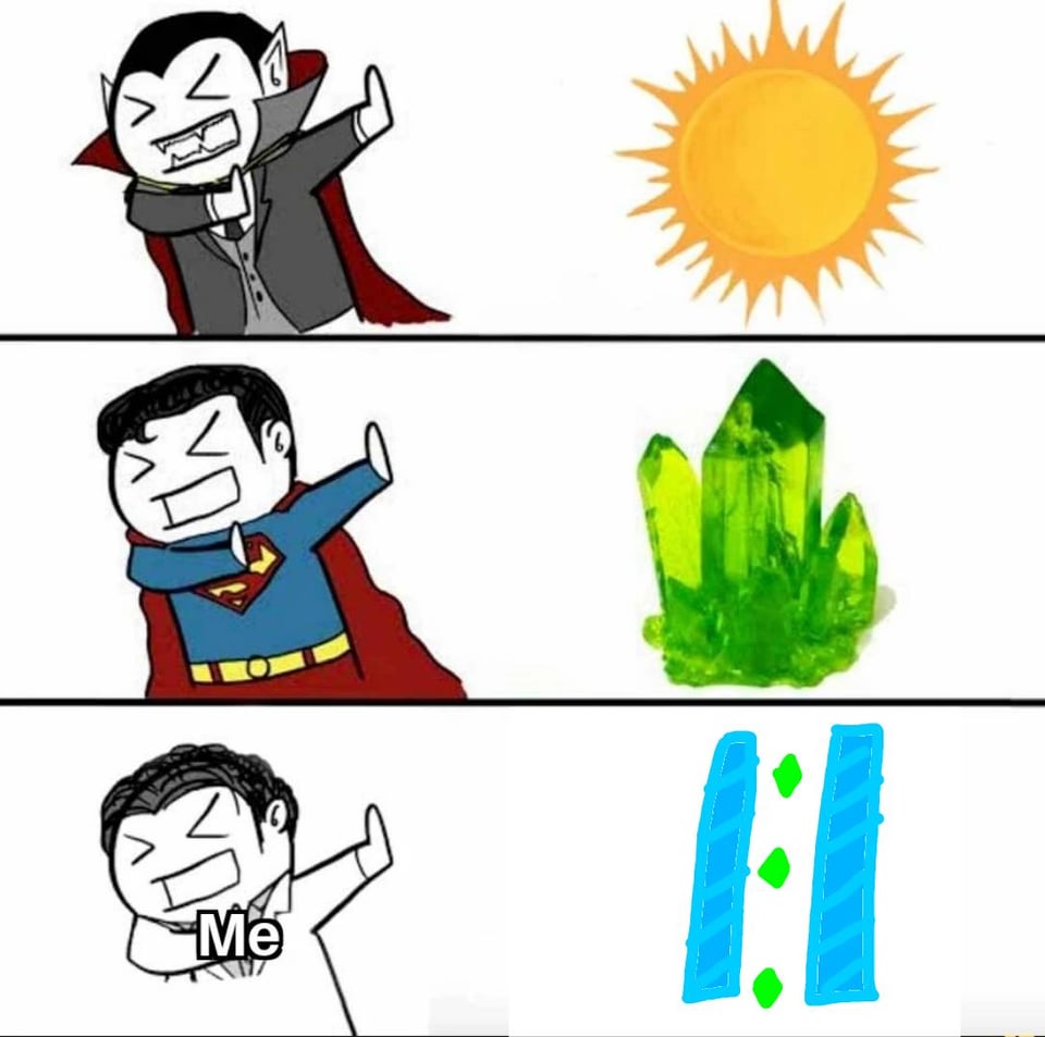 Mém ami különböző szuperek gyengeségeit bemutatja, például vámpírnak a nap, supermannak a kriptonit és a posztolónak a végső akadály