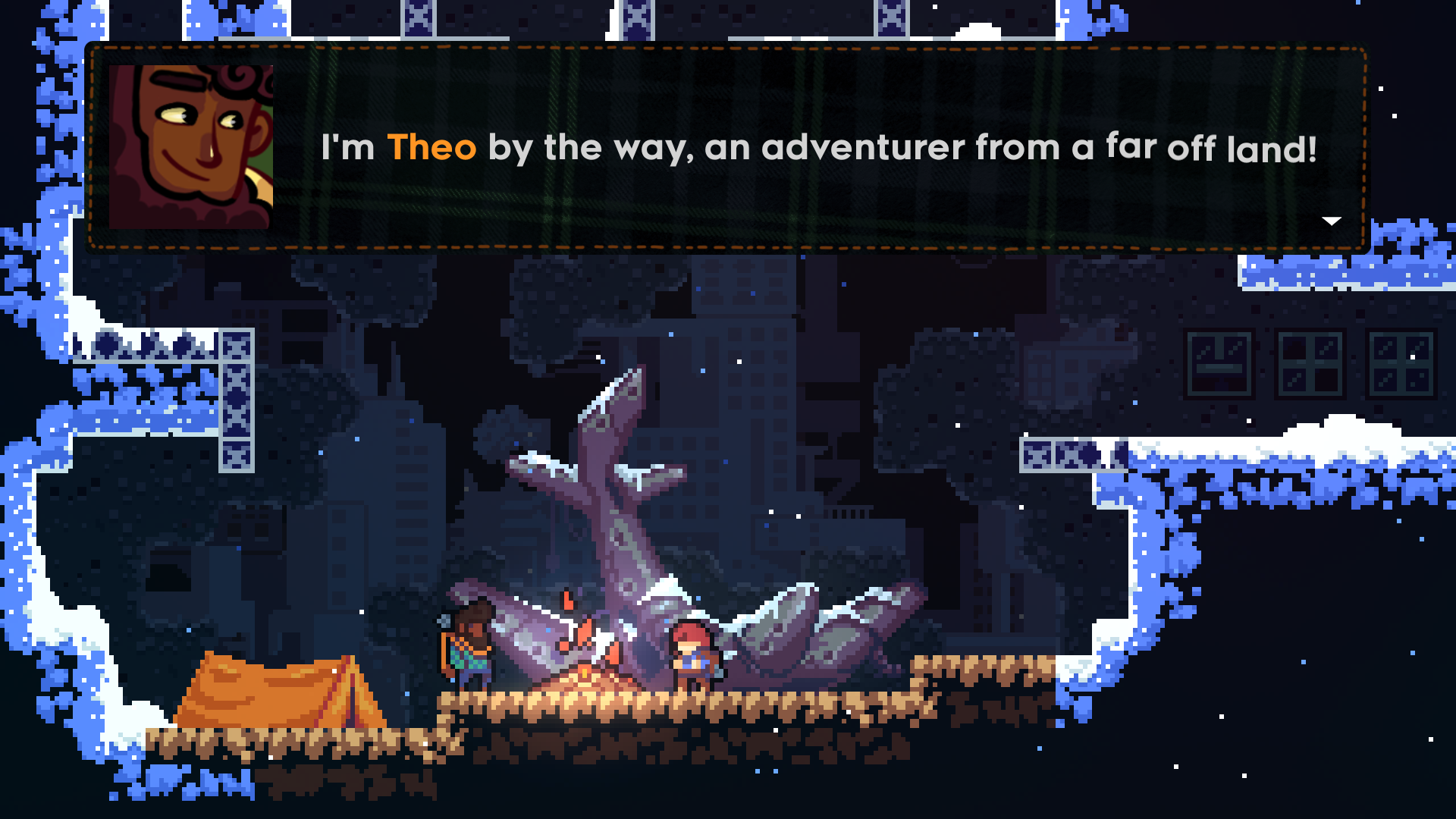 Celeste játékból kép, Theo mondja:'I'm Theo by the way, an adventurer from a far off land! (Theo vagyok egyébként, egy kalandor egy messzi földről!)'