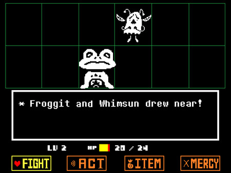 Undertale játékból egy csata közbeni kép, egy szövegdoboz írja: 'Froggit and Whimsun drew near!(Froggit és Whimsun megközelített!)'