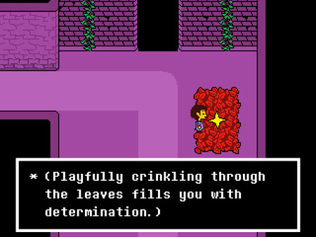 Undertale játékból kép, egy szövegdoboz írja: 'playfully crinkling trough the leaves fills you with determination(A levelek közti játszadozás feltölt téged eltökéltséggel)'